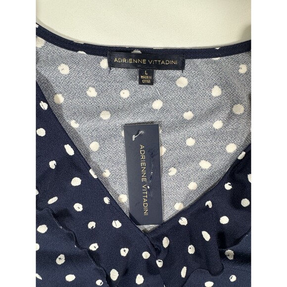 Adrienne Vittadini Navy Polka Dot Sleeveless Ruffle Blouse V-Neck Size L - Picture 4 of 5